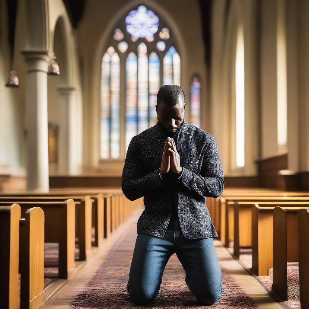 A Black man is kneeling in prayer with a Bible in his hands inside a peaceful and serene church