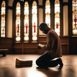 A Black man is kneeling in prayer with a Bible in his hands inside a peaceful and serene church