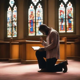 A Black man is kneeling in prayer with a Bible in his hands inside a peaceful and serene church