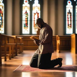 A Black man is kneeling in prayer with a Bible in his hands inside a peaceful and serene church