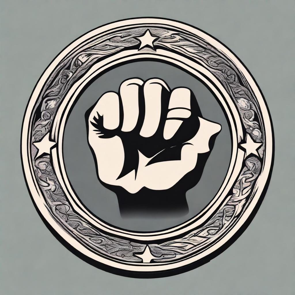 A detailed illustration of a coin featuring a central design of a fist