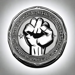 A detailed illustration of a coin featuring a central design of a fist