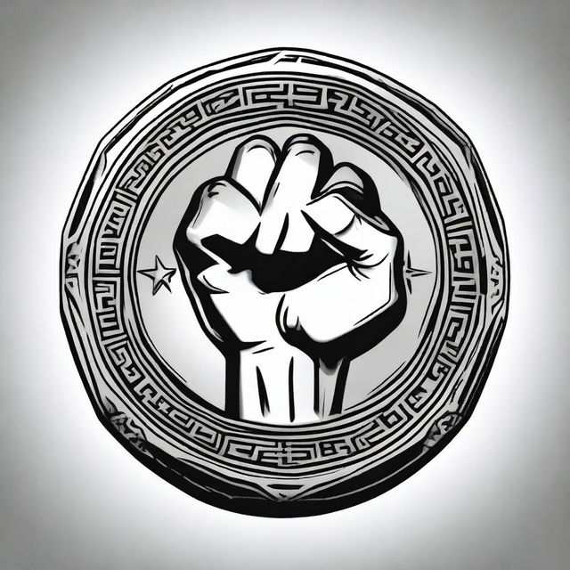 A detailed illustration of a coin featuring a central design of a fist