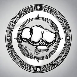 A detailed illustration of a coin featuring a central design of a fist