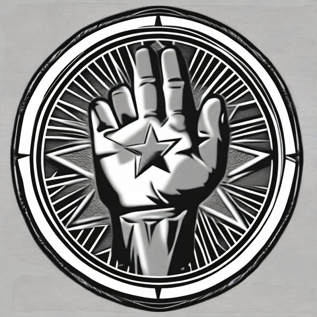 A detailed illustration of a coin featuring a central design of a fist