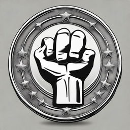 A detailed illustration of a coin featuring a central design of a fist