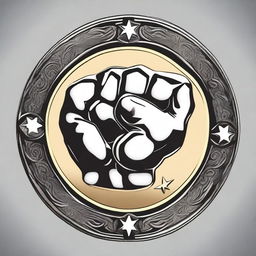 A detailed illustration of a coin featuring a central design of a fist