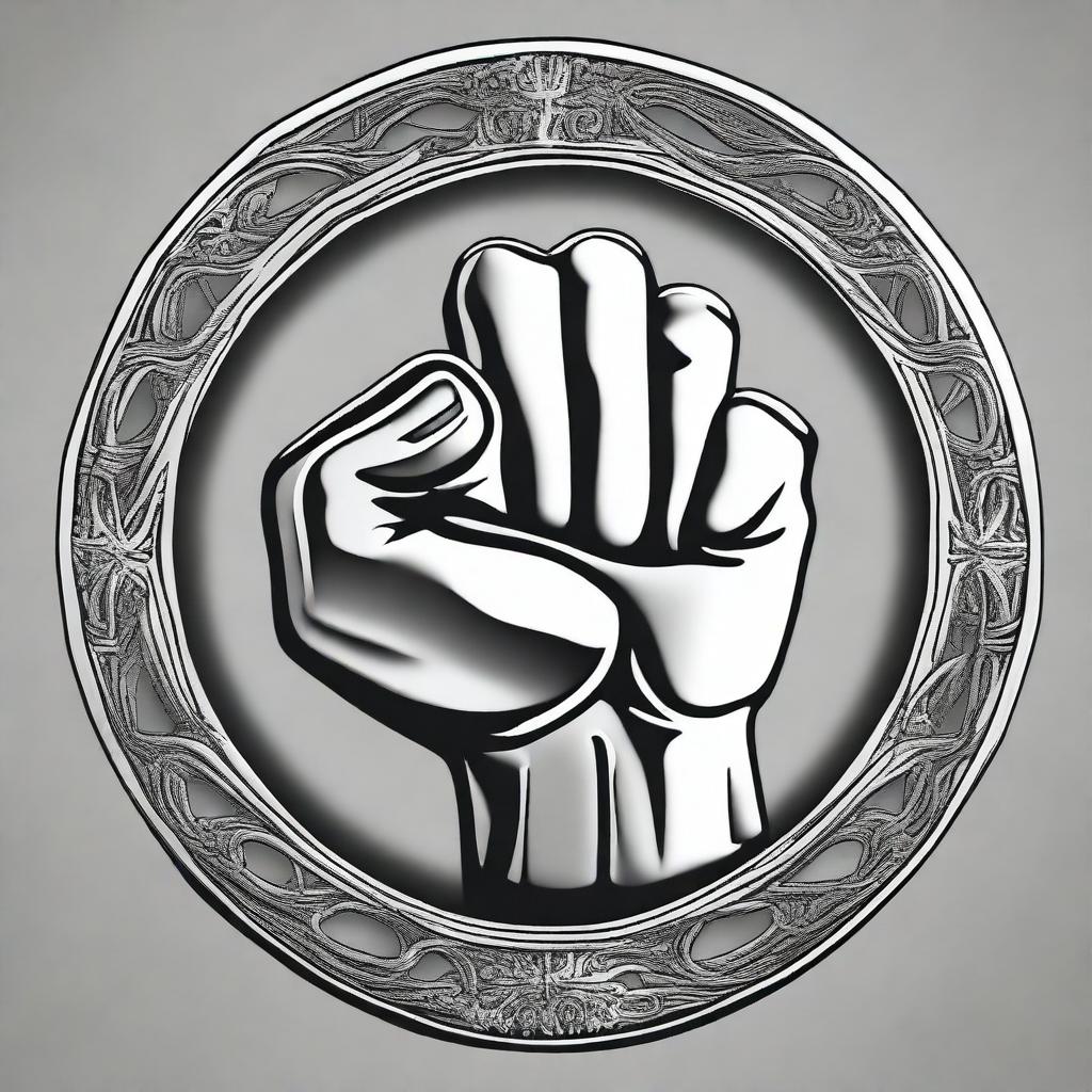 A detailed illustration of a coin featuring a central design of a fist