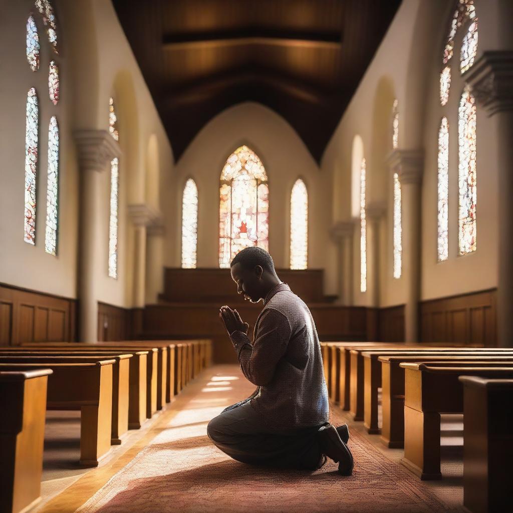 A black man is kneeling and praying in a church