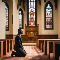 A black man is kneeling and praying in a church