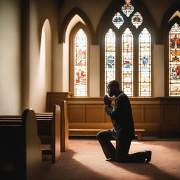 A black man is kneeling and praying in a church