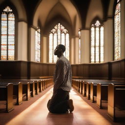 A black man is kneeling and praying in a church