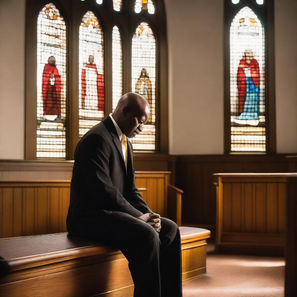 A black bald man is kneeling and praying, tears streaming down his face as he cries out to God