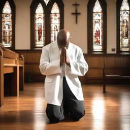 A black bald man is kneeling and praying, tears streaming down his face as he cries out to God