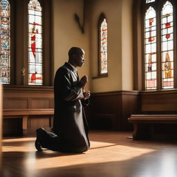 A black bald man is kneeling and praying, tears streaming down his face as he cries out to God