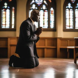 A black bald man is kneeling and praying, tears streaming down his face as he cries out to God