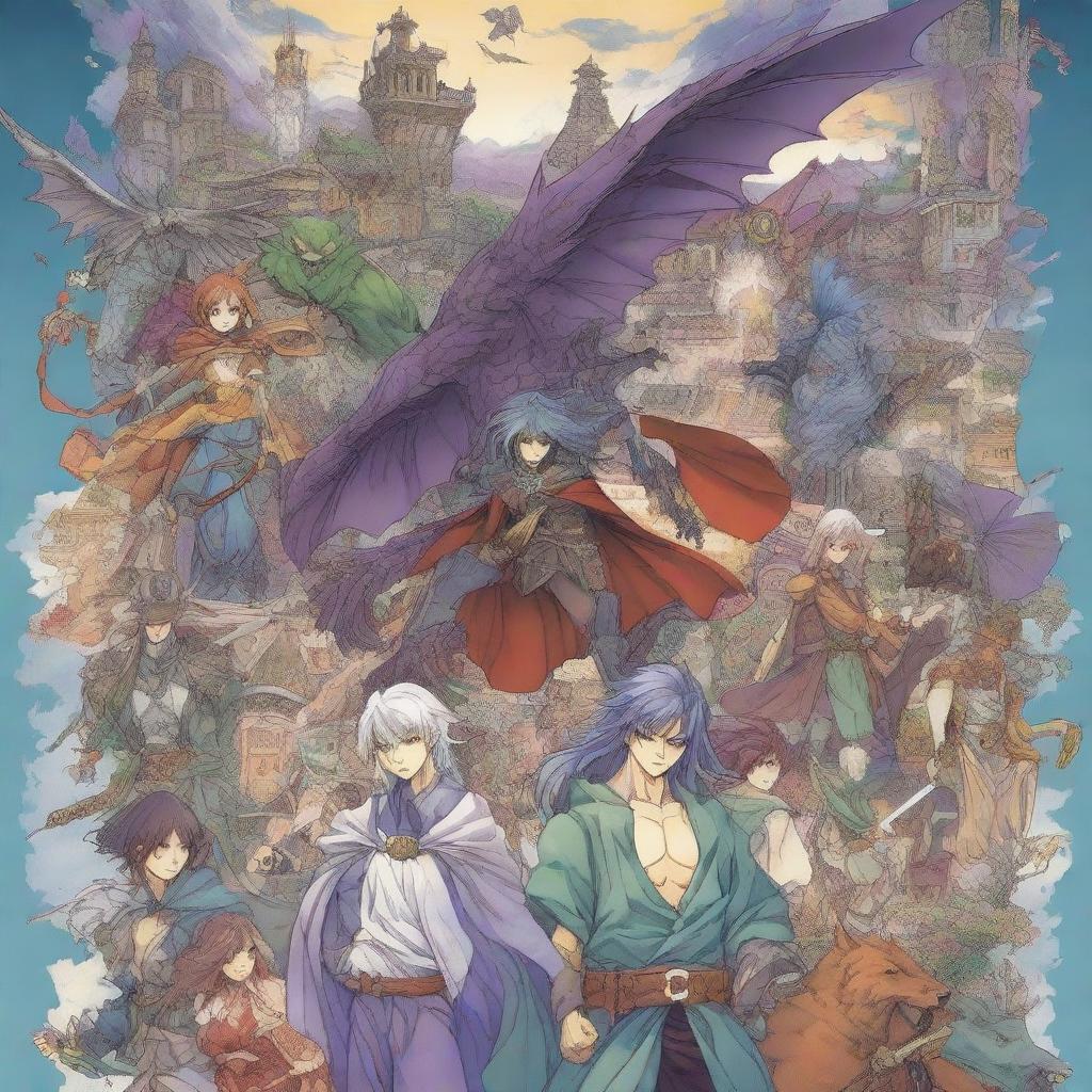 A fantasy anime-style image depicting various comic book covers with unique and imaginative characters and settings, showcasing a variety of fantasy themes