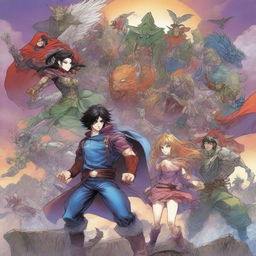 A fantasy anime-style image depicting various comic book covers with unique and imaginative characters and settings, showcasing a variety of fantasy themes