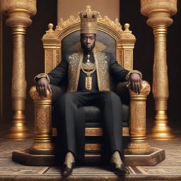 A regal and powerful Black King sitting on a majestic throne, adorned with intricate royal attire and a golden crown, exuding authority and wisdom