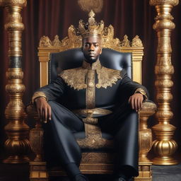 A regal and powerful Black King sitting on a majestic throne, adorned with intricate royal attire and a golden crown, exuding authority and wisdom