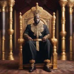 A regal and powerful Black King sitting on a majestic throne, adorned with intricate royal attire and a golden crown, exuding authority and wisdom