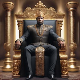 A regal and powerful Black King sitting on a majestic throne, adorned with intricate royal attire and a golden crown, exuding authority and wisdom