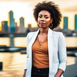 A beautiful black woman standing confidently with a serene expression