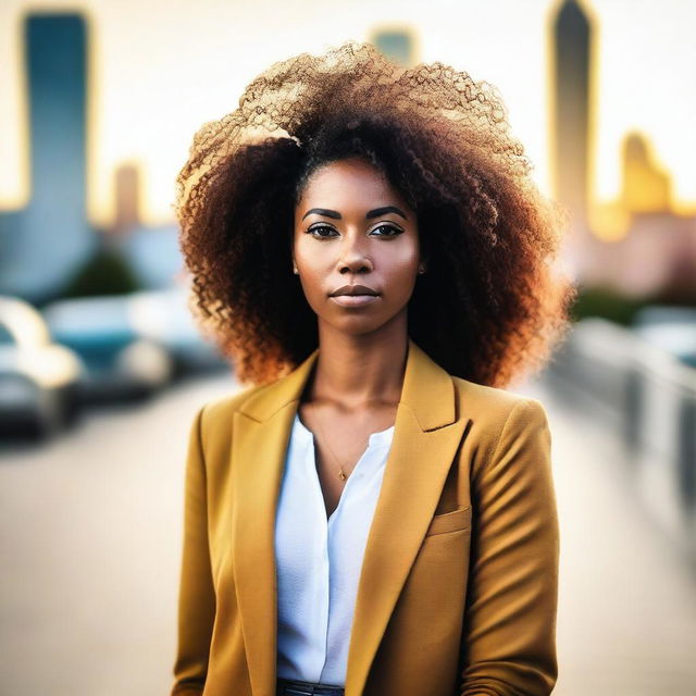 A beautiful black woman standing confidently with a serene expression