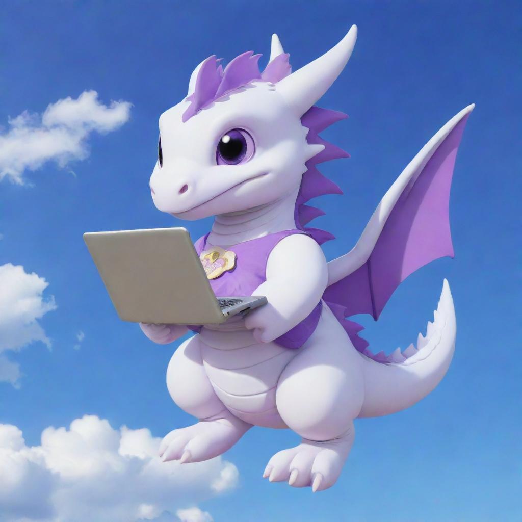 A cute, chibi-style white dragon wearing a purple Momo electronic wallet t-shirt, holding a laptop under a bright blue sky