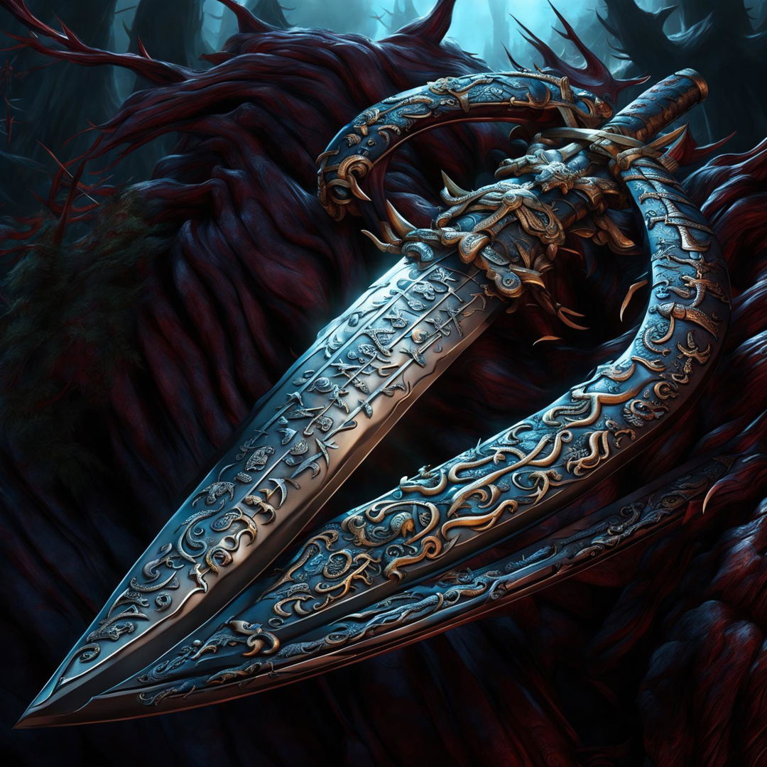 A detailed illustration of the full blade of a katana with ancient runes and dragon motifs in the style of Dungeons and Dragons artwork, set against a mystical background