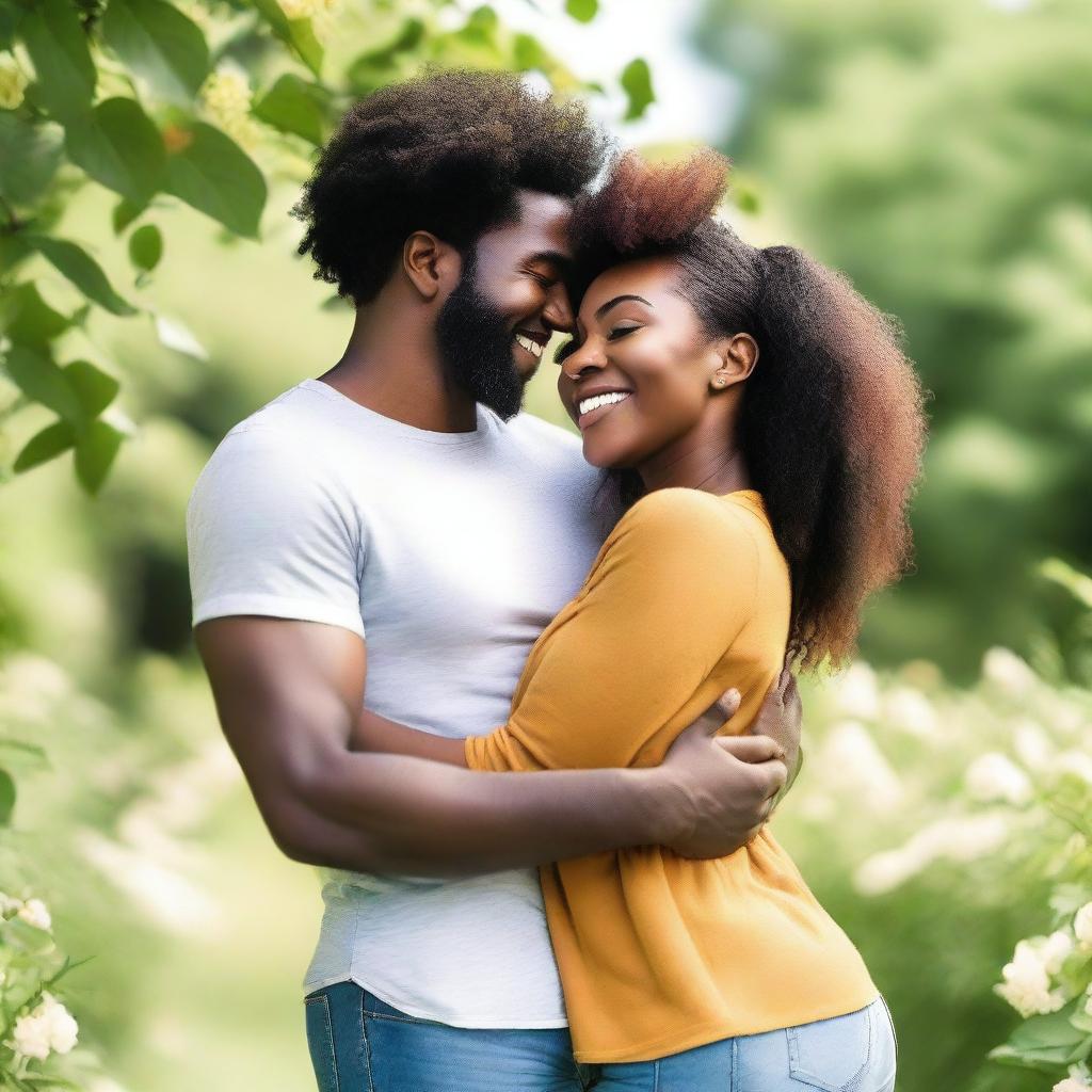 A beautiful black woman uplifting her man with a warm embrace