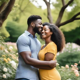 A beautiful black woman uplifting her man with a warm embrace