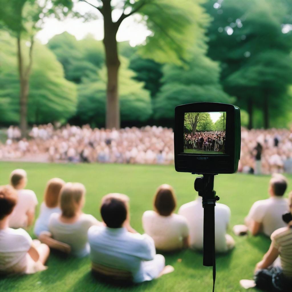 A group of people watching an outdoor theater performance in a park or garden