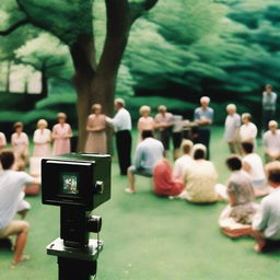 A group of people watching an outdoor theater performance in a park or garden