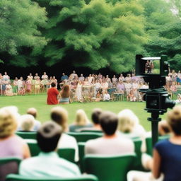 A group of people watching an outdoor theater performance in a park or garden