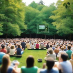 A group of people watching an outdoor theater performance in a park or garden