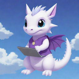 A cute, chibi-style white dragon wearing a purple Momo electronic wallet t-shirt, holding a laptop under a bright blue sky