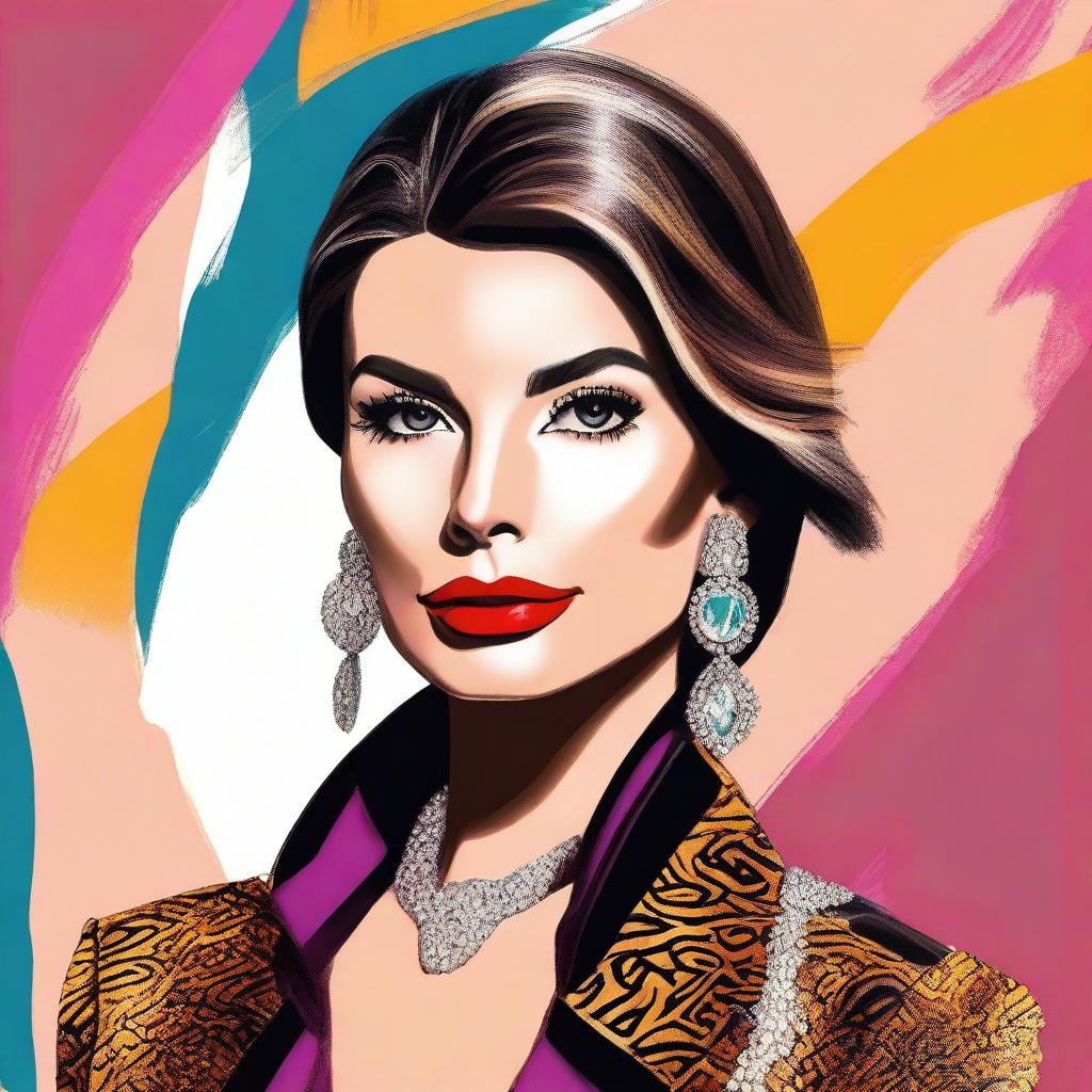 A detailed and vibrant portrait of Elettra Lamborghini, capturing her glamorous and stylish persona