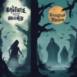 Create a book cover featuring monsters and ghosts with the title 'O Mistério da Rua dos Mongoiós'