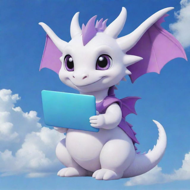 A cute, chibi-style white dragon wearing a purple Momo electronic wallet t-shirt, holding a laptop under a bright blue sky