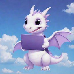 A cute, chibi-style white dragon wearing a purple Momo electronic wallet t-shirt, holding a laptop under a bright blue sky