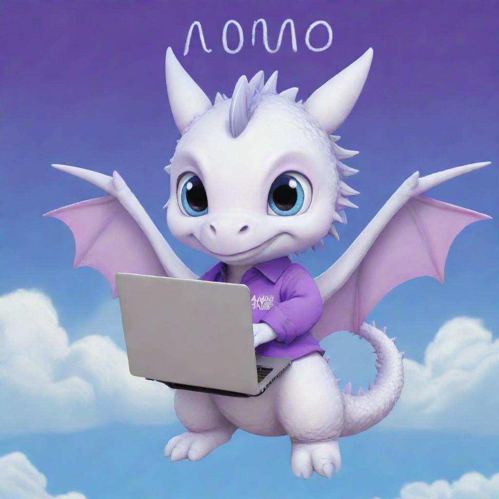 A cute, chibi-style white dragon wearing a purple shirt with the word 'momo', holding a laptop, under a vibrant blue sky