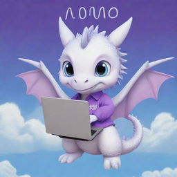 A cute, chibi-style white dragon wearing a purple shirt with the word 'momo', holding a laptop, under a vibrant blue sky