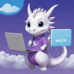 A cute, chibi-style white dragon wearing a purple shirt with the word 'momo', holding a laptop, under a vibrant blue sky