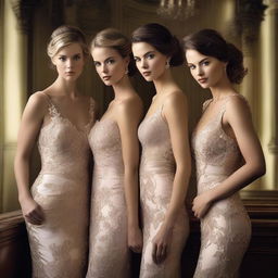 A realistic image of attractive women in a tasteful and elegant setting, focusing on their upper bodies and highlighting their natural beauty