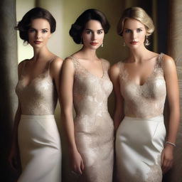 A realistic image of attractive women in a tasteful and elegant setting, focusing on their upper bodies and highlighting their natural beauty