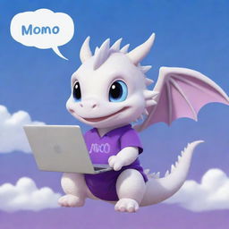 A cute, chibi-style white dragon wearing a purple shirt with the word 'momo', holding a laptop, under a vibrant blue sky