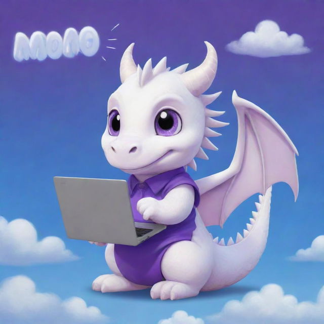 A cute, chibi-style white dragon wearing a purple shirt with the word 'momo', holding a laptop, under a vibrant blue sky