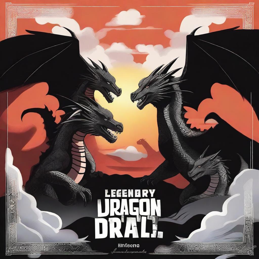 Create a movie poster titled 'Legendary Dragon Team' featuring three dragons in the background