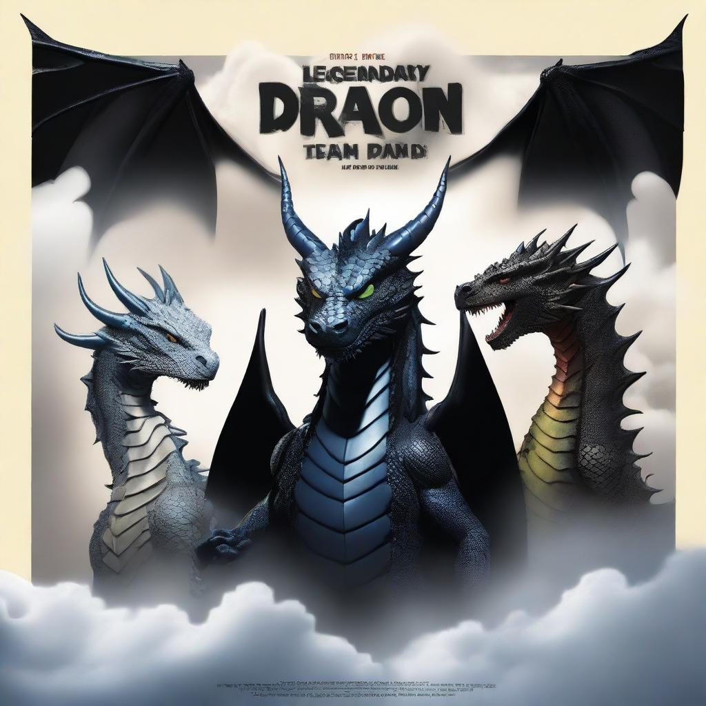 Create a movie poster titled 'Legendary Dragon Team' featuring three dragons in the background